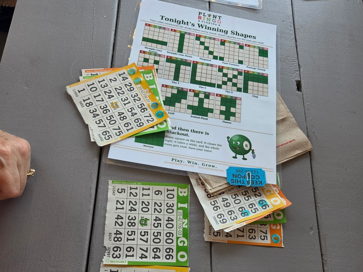 Bingo cards and the night's winning shapes sheet on the table